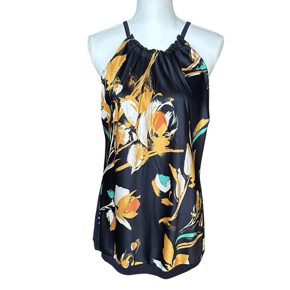 THE LIMITED Floral Halter Blouse sz L Dark Navy Yellow Sleeveless Satin Front - Picture 2 of 9